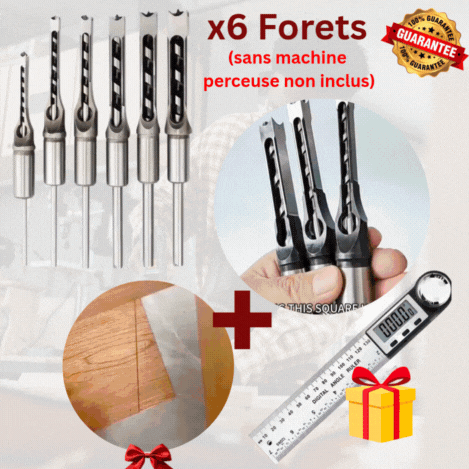 6 Forets à Mortaise Carrée Acier Carbone ⚡️ + Rapporteur d'Angle Numérique 360° 🎁