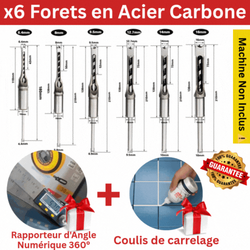 6 Forets à Mortaise Carrée Acier Carbone🔥 (⚠️Sans Machine/Perceuse ⚠️)  + Rapporteur d'Angle Numérique 360° 🎁 + Coulis de carrelage 🎁