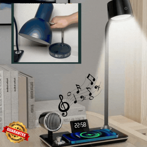 Lampe de Chevet 4-en-1 🌙 Lumière, Réveil, Musique & Recharge Sans Fil ⚡️